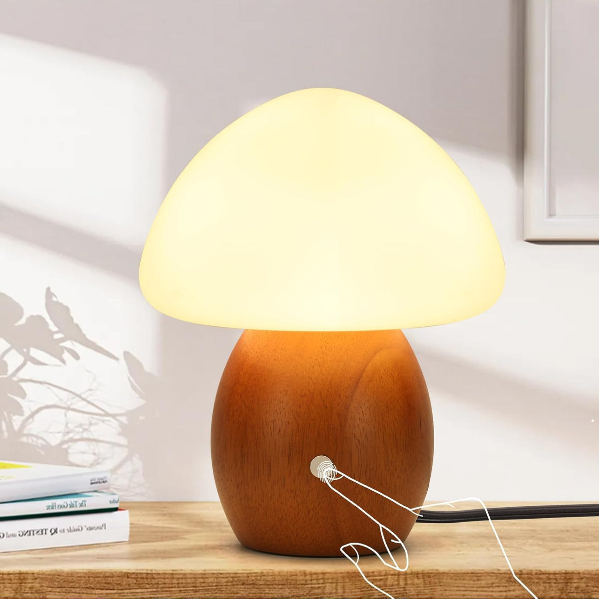 Mushroom Lamp, Touch Control Switch, 3 Way Dimmable, Natural Wood Finish