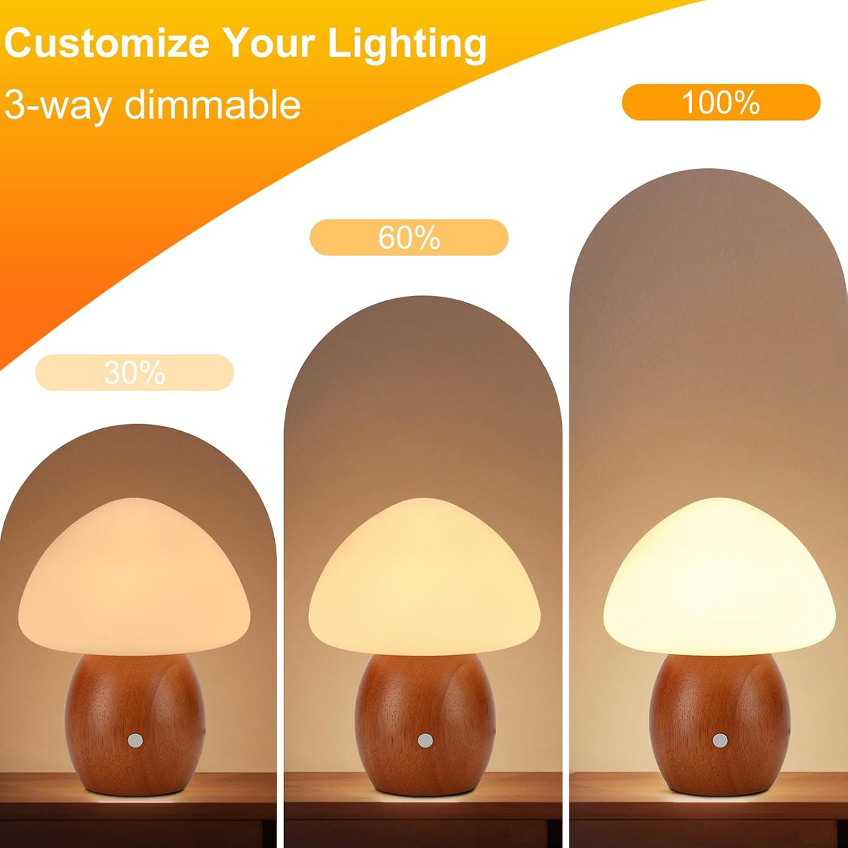 Mushroom Lamp, Touch Control Switch, 3 Way Dimmable, Natural Wood Finish