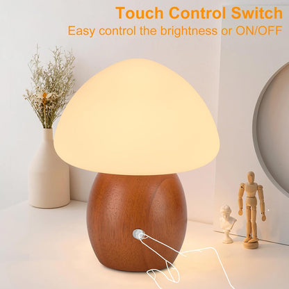 Mushroom Lamp, Touch Control Switch, 3 Way Dimmable, Natural Wood Finish