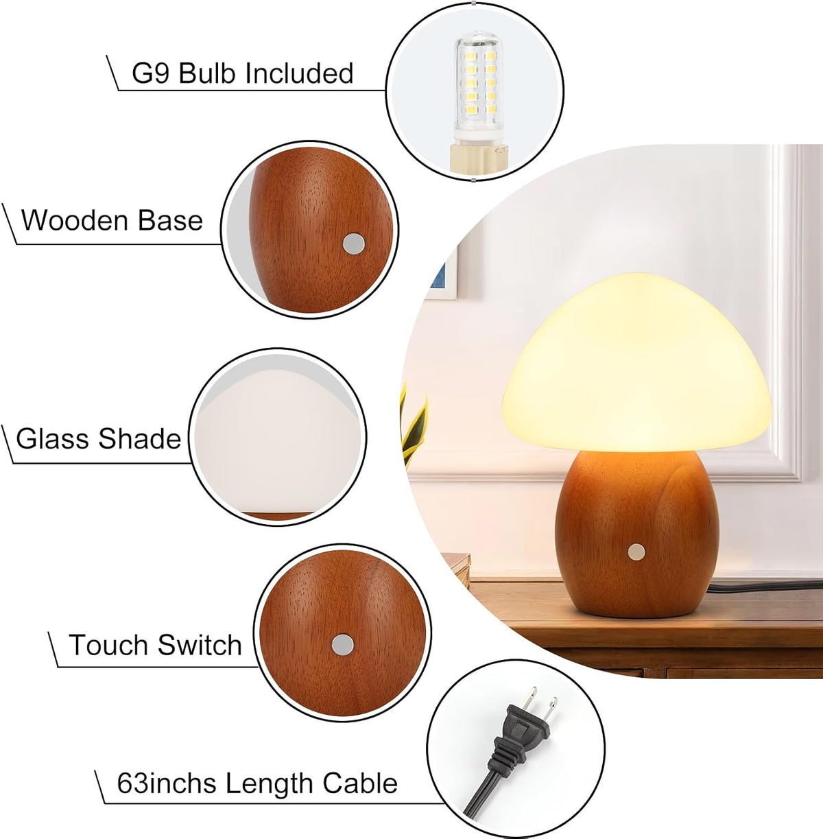 Mushroom Lamp, Touch Control Switch, 3 Way Dimmable, Natural Wood Finish