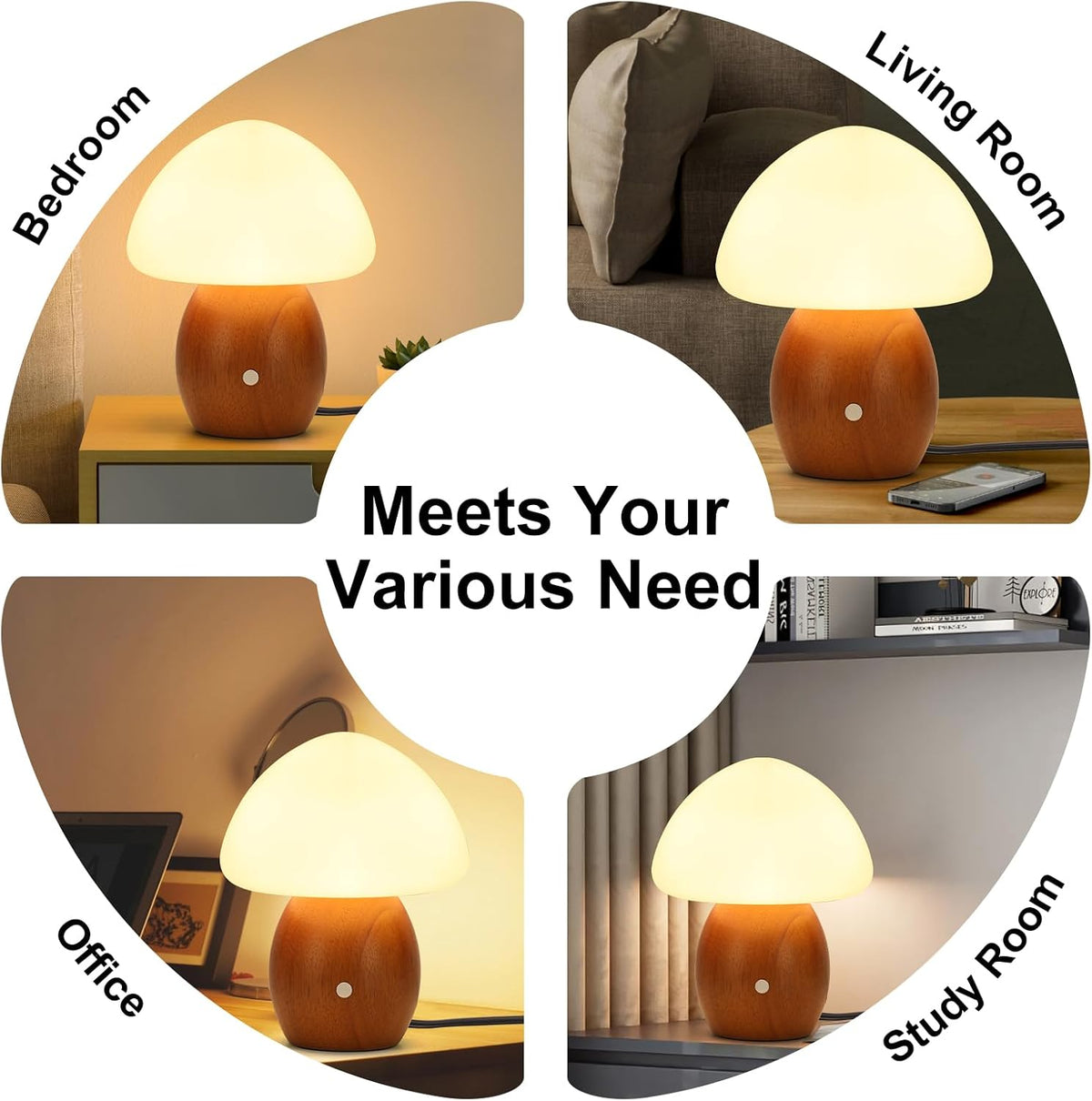 Mushroom Lamp, Touch Control Switch, 3 Way Dimmable, Natural Wood Finish