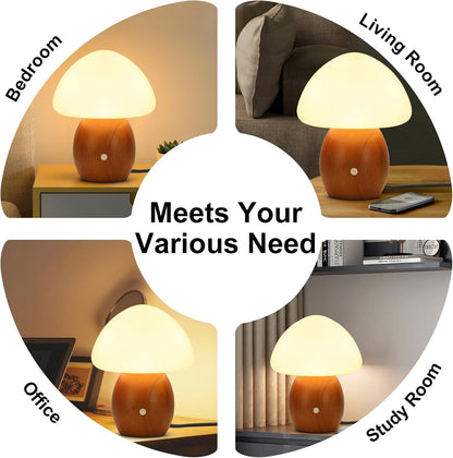 Mushroom Lamp, Touch Control Switch, 3 Way Dimmable, Natural Wood Finish