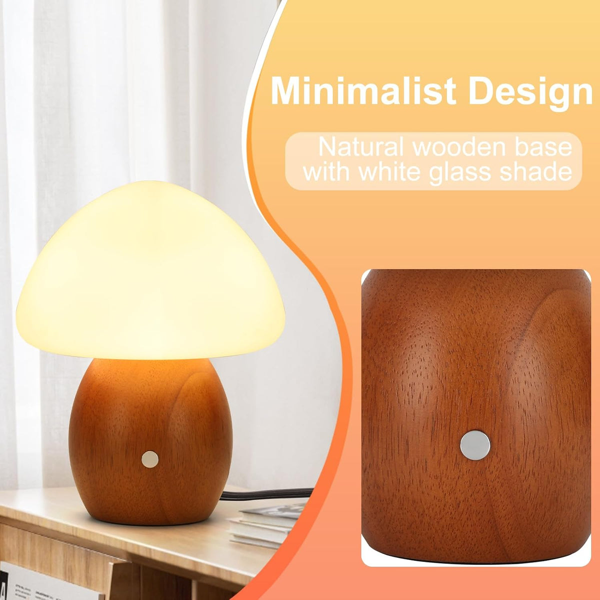 Mushroom Lamp, Touch Control Switch, 3 Way Dimmable, Natural Wood Finish