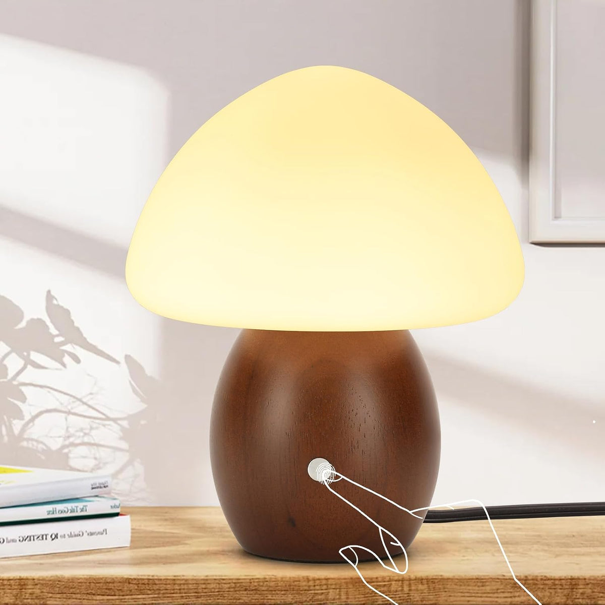 Mushroom Lamp, Touch Control Switch, 3 Way Dimmable, Natural Wood Finish