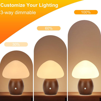 Mushroom Lamp, Touch Control Switch, 3 Way Dimmable, Natural Wood Finish