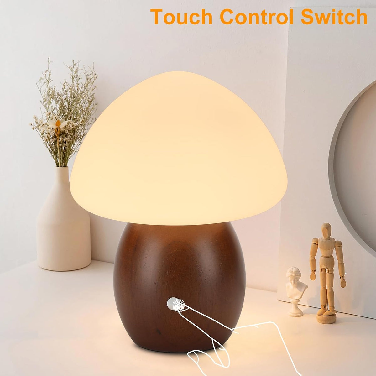 Mushroom Lamp, Touch Control Switch, 3 Way Dimmable, Natural Wood Finish