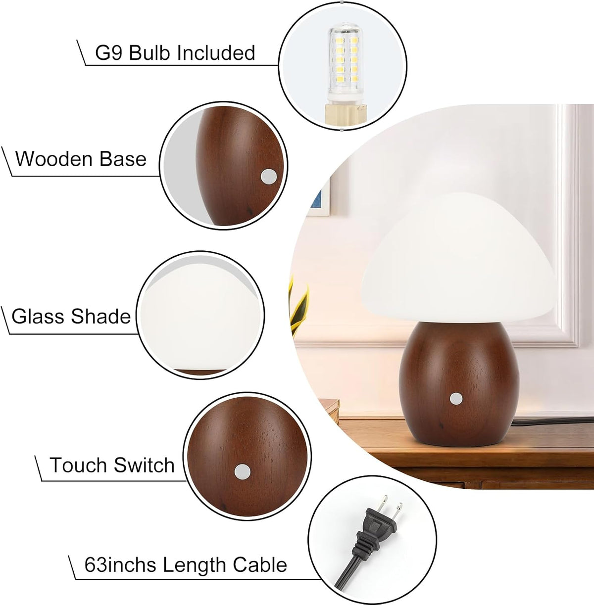 Mushroom Lamp, Touch Control Switch, 3 Way Dimmable, Natural Wood Finish