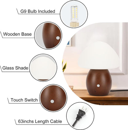 Mushroom Lamp, Touch Control Switch, 3 Way Dimmable, Natural Wood Finish