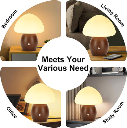 Mushroom Lamp, Touch Control Switch, 3 Way Dimmable, Natural Wood Finish