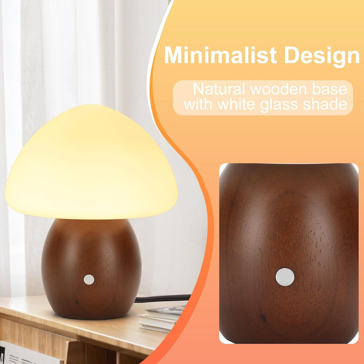 Mushroom Lamp, Touch Control Switch, 3 Way Dimmable, Natural Wood Finish