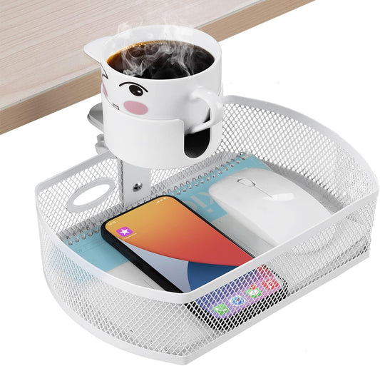 Under Desk Organizer,Cup Holder,Table Management Tray, Swivel Pencil Drawer, Office No Drill Steel Organizers,360 Spin Hidden Storage Box with Sturdy C-Clamp,Easy Install (White)