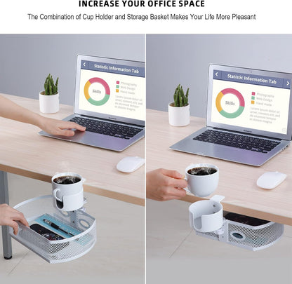 Under Desk Organizer,Cup Holder,Table Management Tray, Swivel Pencil Drawer, Office No Drill Steel Organizers,360 Spin Hidden Storage Box with Sturdy C-Clamp,Easy Install (White)