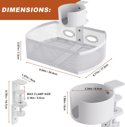 Under Desk Organizer,Cup Holder,Table Management Tray, Swivel Pencil Drawer, Office No Drill Steel Organizers,360 Spin Hidden Storage Box with Sturdy C-Clamp,Easy Install (White)