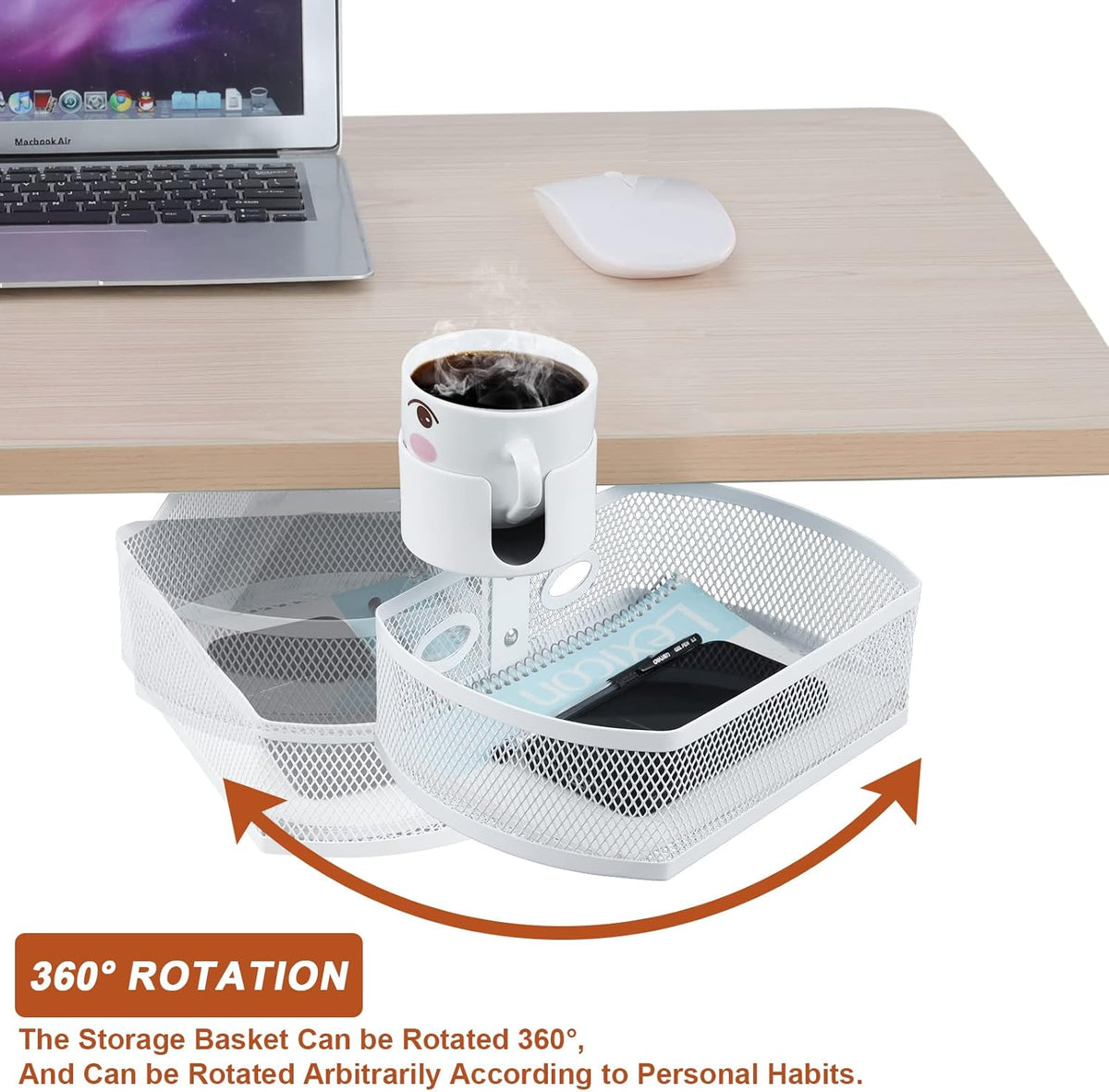 Under Desk Organizer,Cup Holder,Table Management Tray, Swivel Pencil Drawer, Office No Drill Steel Organizers,360 Spin Hidden Storage Box with Sturdy C-Clamp,Easy Install (White)