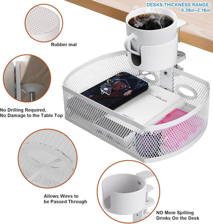 Under Desk Organizer,Cup Holder,Table Management Tray, Swivel Pencil Drawer, Office No Drill Steel Organizers,360 Spin Hidden Storage Box with Sturdy C-Clamp,Easy Install (White)