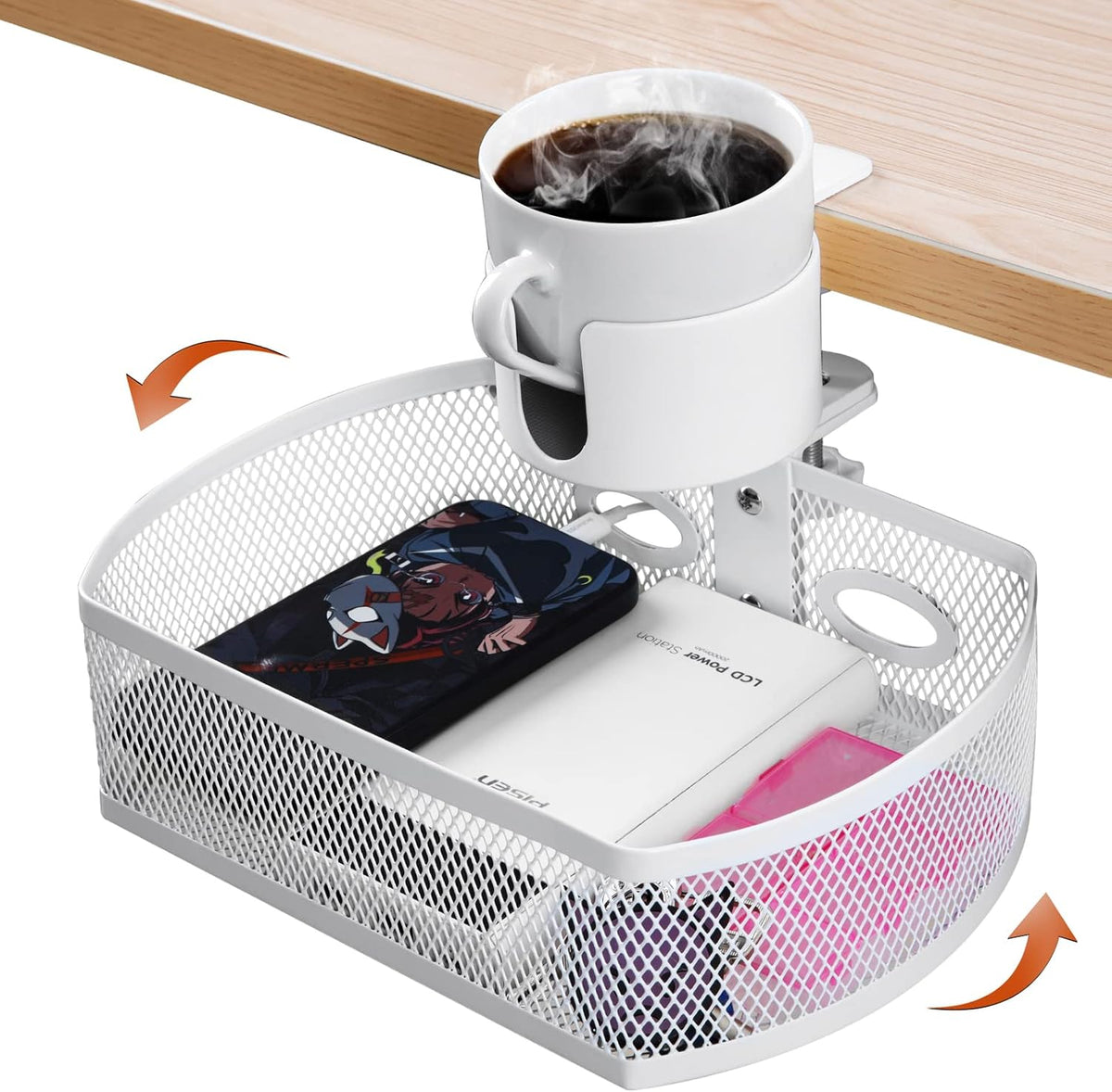 Under Desk Organizer,Cup Holder,Table Management Tray, Swivel Pencil Drawer, Office No Drill Steel Organizers,360 Spin Hidden Storage Box with Sturdy C-Clamp,Easy Install (White)
