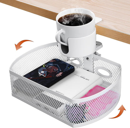 Under Desk Organizer,Cup Holder,Table Management Tray, Swivel Pencil Drawer, Office No Drill Steel Organizers,360 Spin Hidden Storage Box with Sturdy C-Clamp,Easy Install (White)