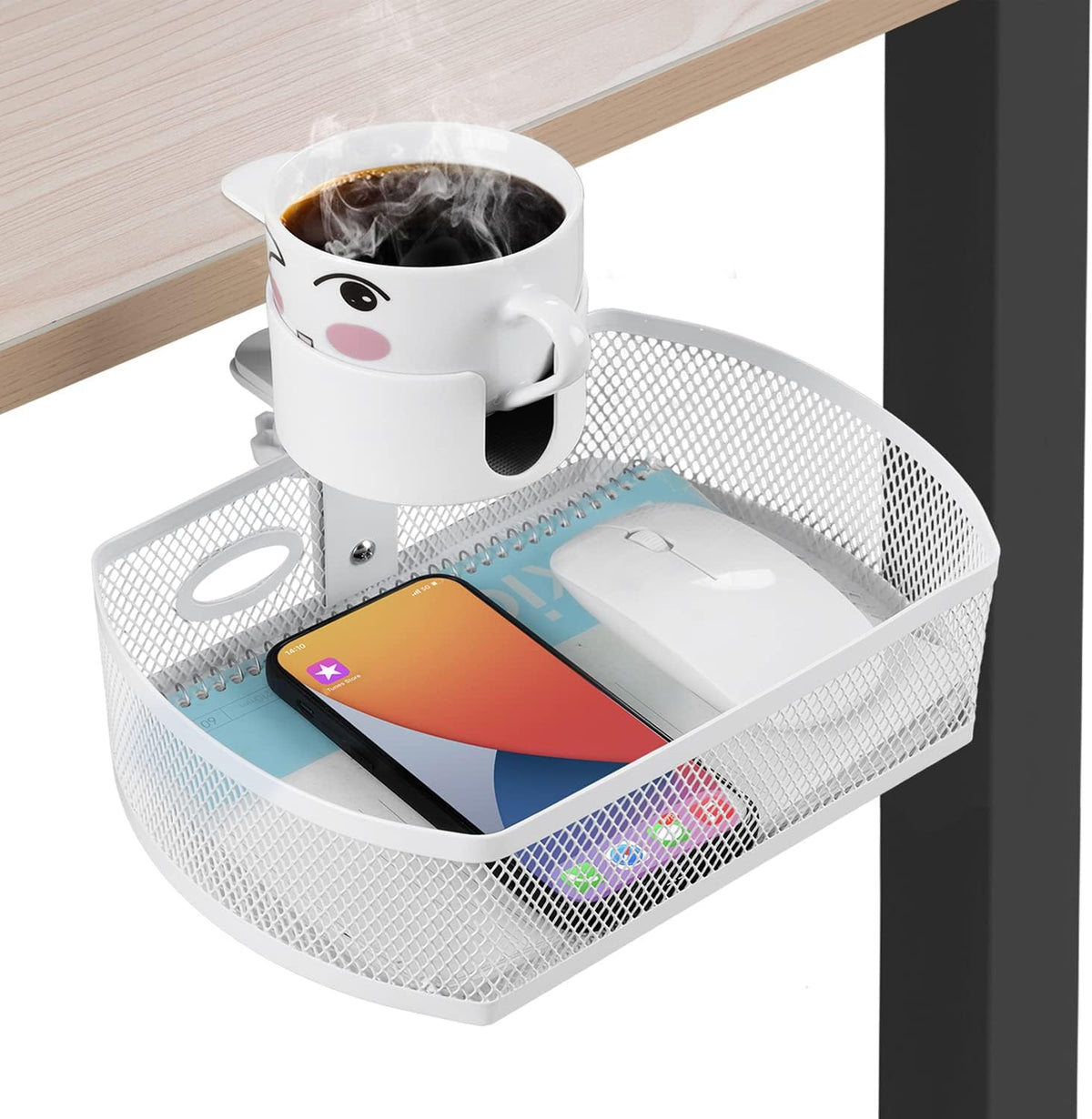 Under Desk Organizer,Cup Holder,Table Management Tray, Swivel Pencil Drawer, Office No Drill Steel Organizers,360 Spin Hidden Storage Box with Sturdy C-Clamp,Easy Install (White)
