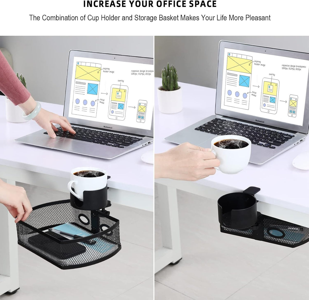Under Desk Organizer,Cup Holder,Table Management Tray, Swivel Pencil Drawer, Office No Drill Steel Organizers,360 Spin Hidden Storage Box with Sturdy C-Clamp,Easy Install (White)