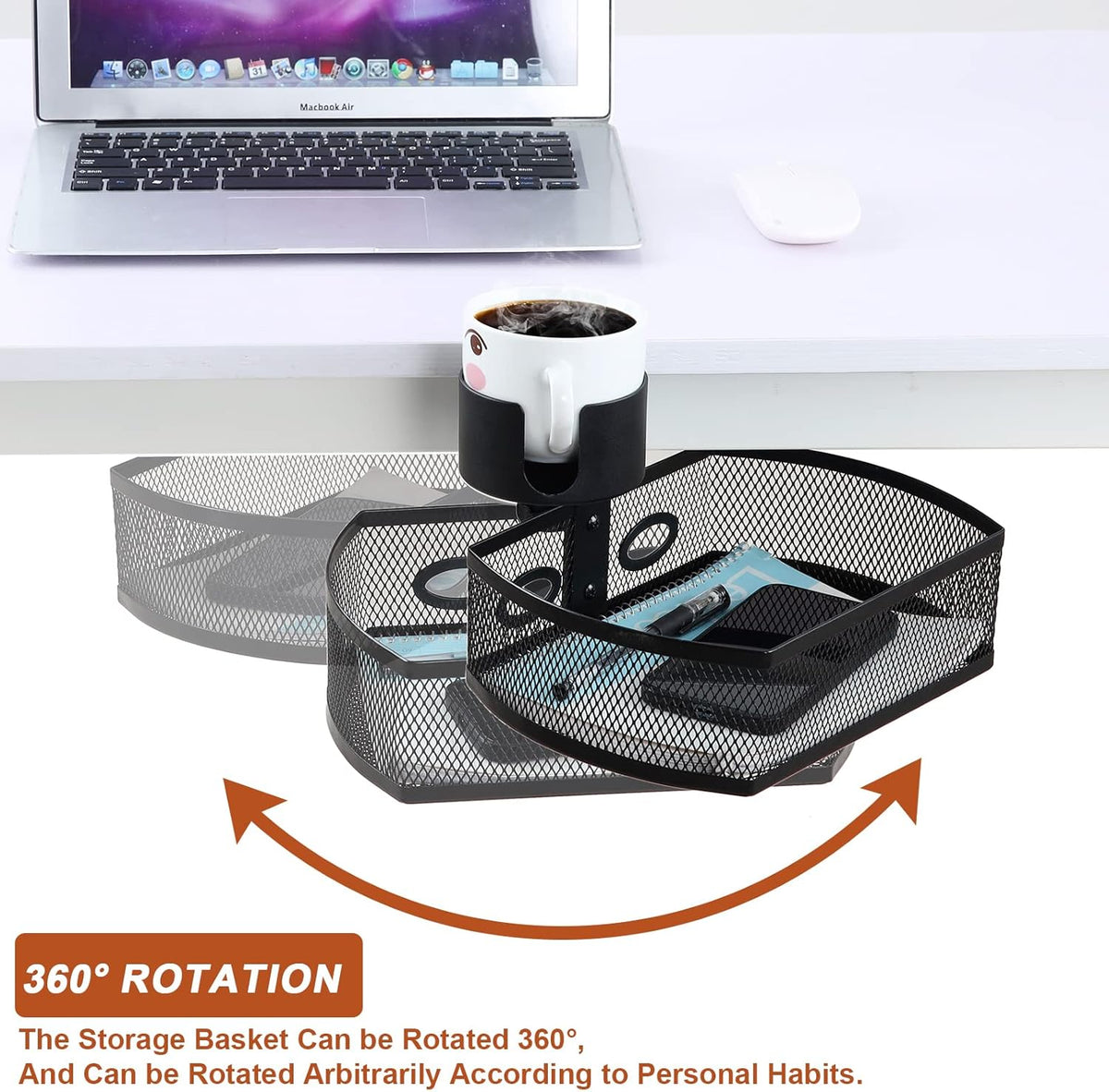 Under Desk Organizer,Cup Holder,Table Management Tray, Swivel Pencil Drawer, Office No Drill Steel Organizers,360 Spin Hidden Storage Box with Sturdy C-Clamp,Easy Install (White)