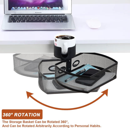 Under Desk Organizer,Cup Holder,Table Management Tray, Swivel Pencil Drawer, Office No Drill Steel Organizers,360 Spin Hidden Storage Box with Sturdy C-Clamp,Easy Install (White)