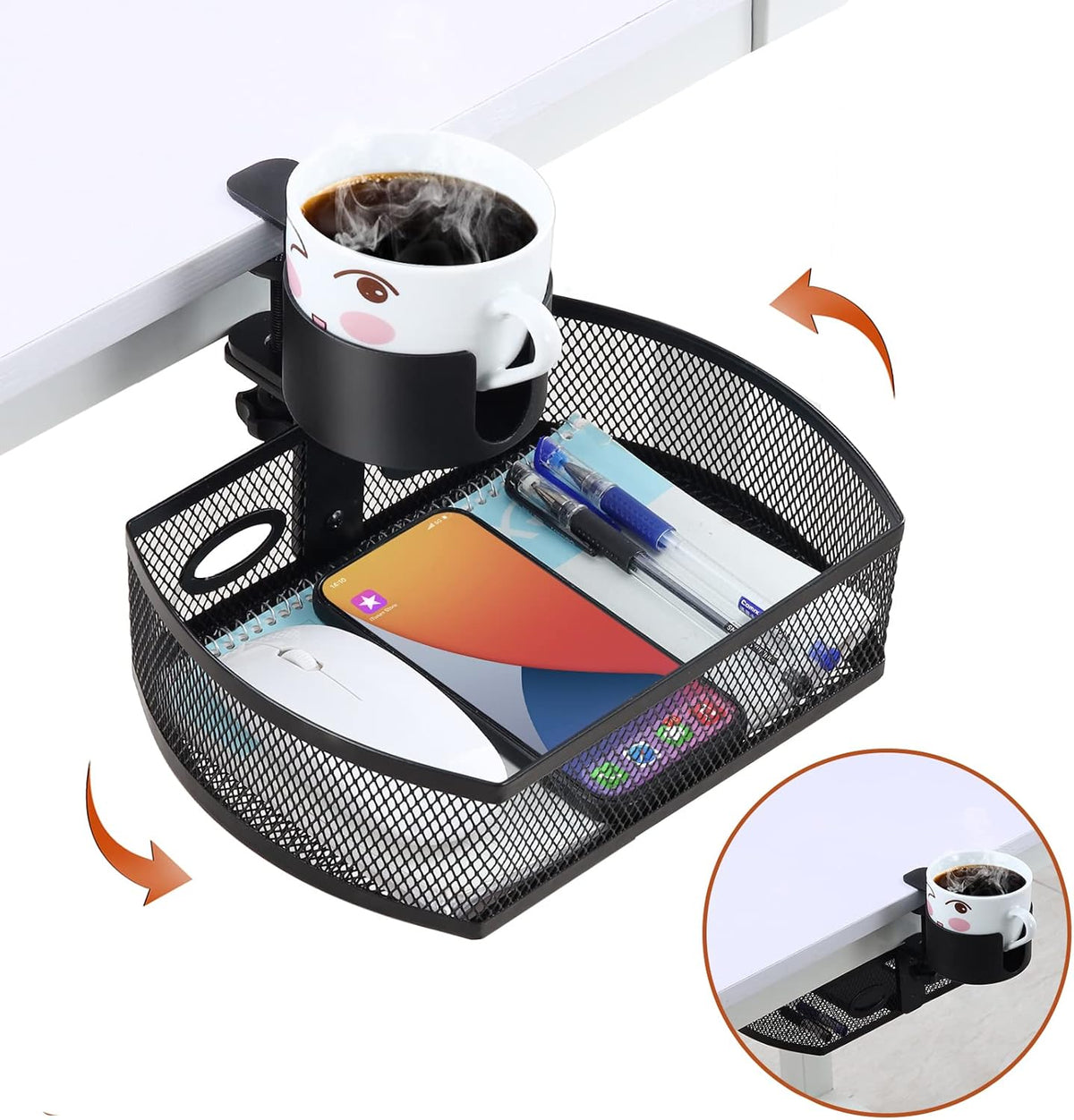 Under Desk Organizer,Cup Holder,Table Management Tray, Swivel Pencil Drawer, Office No Drill Steel Organizers,360 Spin Hidden Storage Box with Sturdy C-Clamp,Easy Install (White)