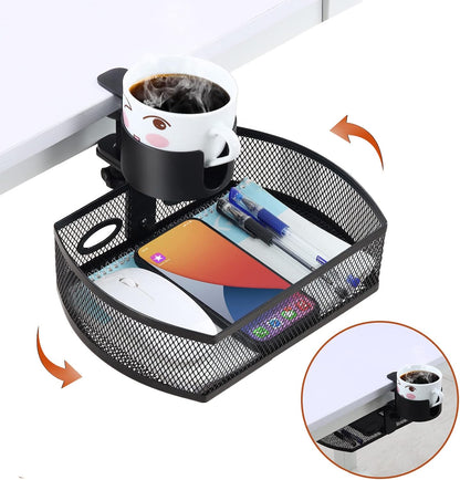 Under Desk Organizer,Cup Holder,Table Management Tray, Swivel Pencil Drawer, Office No Drill Steel Organizers,360 Spin Hidden Storage Box with Sturdy C-Clamp,Easy Install (White)