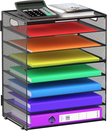 8 Tier Paper Letter Tray Organizer with Handles, Mesh Desk File Holder Storage Organization for Home School Classroom & Office (Black)
