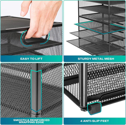 8 Tier Paper Letter Tray Organizer with Handles, Mesh Desk File Holder Storage Organization for Home School Classroom & Office (Black)