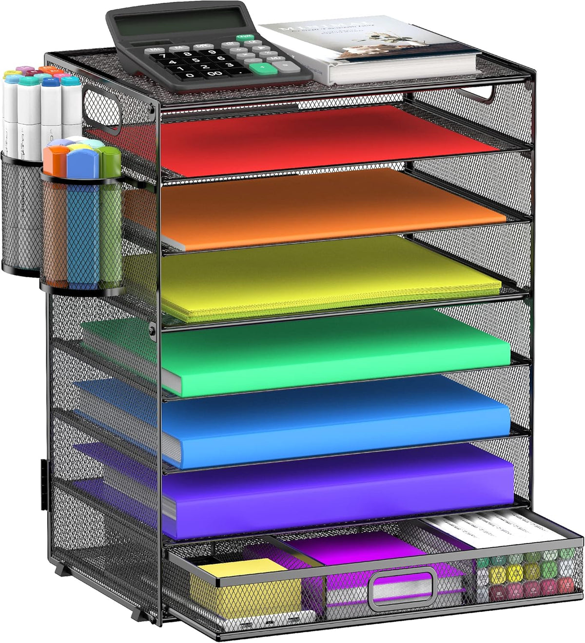 8 Tier Paper Letter Tray Organizer with Handles, Mesh Desk File Holder Storage Organization for Home School Classroom & Office (Black)