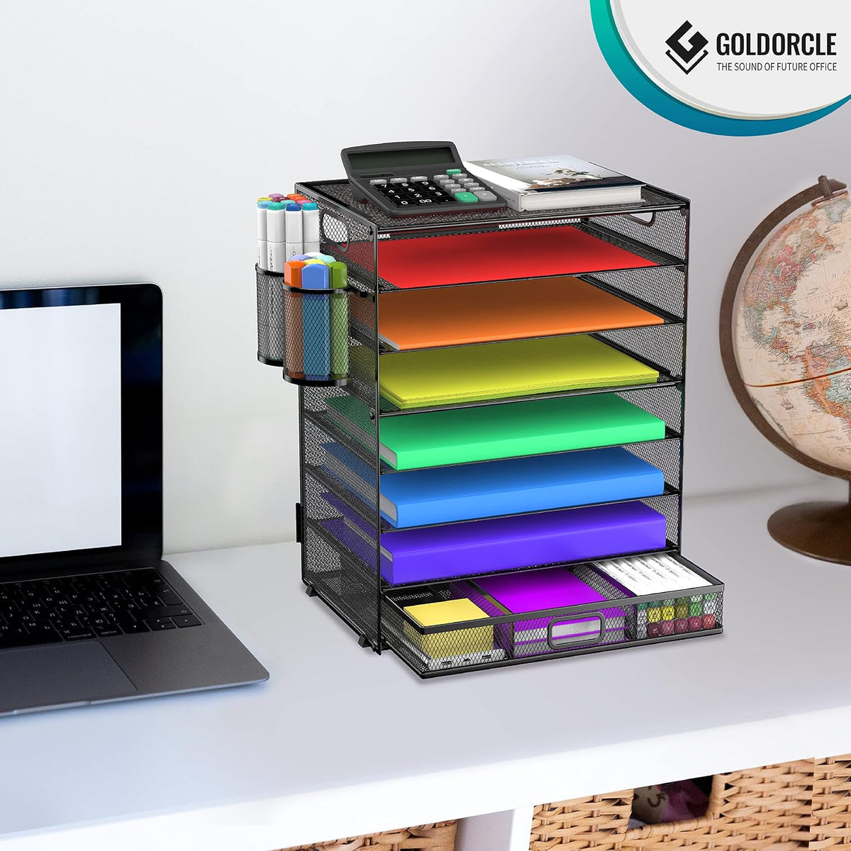 8 Tier Paper Letter Tray Organizer with Handles, Mesh Desk File Holder Storage Organization for Home School Classroom & Office (Black)