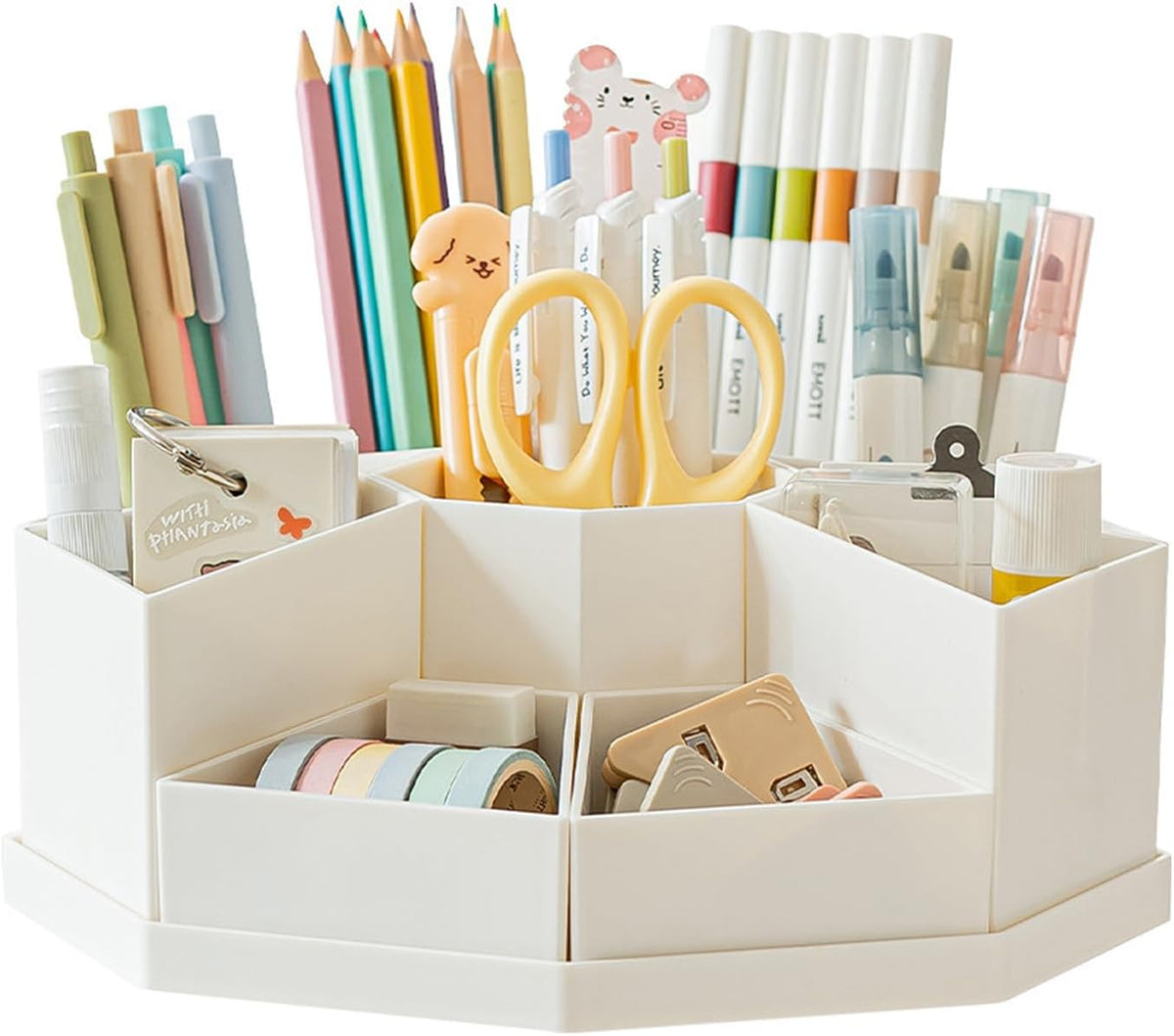 360 Degree Rotating Desk Organizer Caddy with 9 Compartments, Large Capacity Detachable Pencil Holder for Desk, Multifunctional Desktop Storage for Office, School, Home, Dressing Table, White