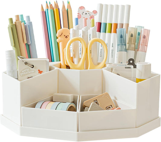 360 Degree Rotating Desk Organizer Caddy with 9 Compartments, Large Capacity Detachable Pencil Holder for Desk, Multifunctional Desktop Storage for Office, School, Home, Dressing Table, White