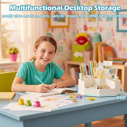 360 Degree Rotating Desk Organizer Caddy with 9 Compartments, Large Capacity Detachable Pencil Holder for Desk, Multifunctional Desktop Storage for Office, School, Home, Dressing Table, White