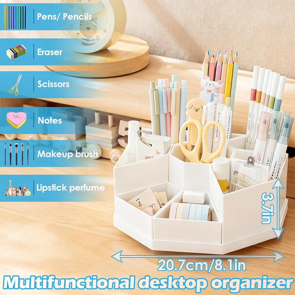 360 Degree Rotating Desk Organizer Caddy with 9 Compartments, Large Capacity Detachable Pencil Holder for Desk, Multifunctional Desktop Storage for Office, School, Home, Dressing Table, White