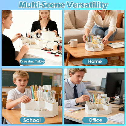 360 Degree Rotating Desk Organizer Caddy with 9 Compartments, Large Capacity Detachable Pencil Holder for Desk, Multifunctional Desktop Storage for Office, School, Home, Dressing Table, White