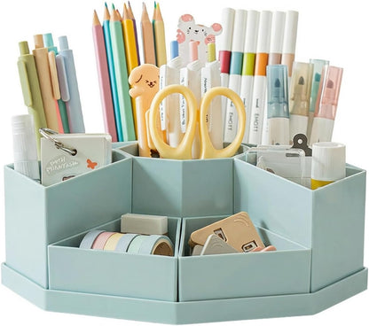 360 Degree Rotating Desk Organizer Caddy with 9 Compartments, Large Capacity Detachable Pencil Holder for Desk, Multifunctional Desktop Storage for Office, School, Home, Dressing Table, White