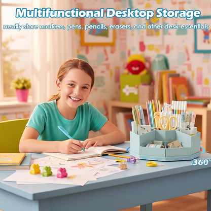 360 Degree Rotating Desk Organizer Caddy with 9 Compartments, Large Capacity Detachable Pencil Holder for Desk, Multifunctional Desktop Storage for Office, School, Home, Dressing Table, White