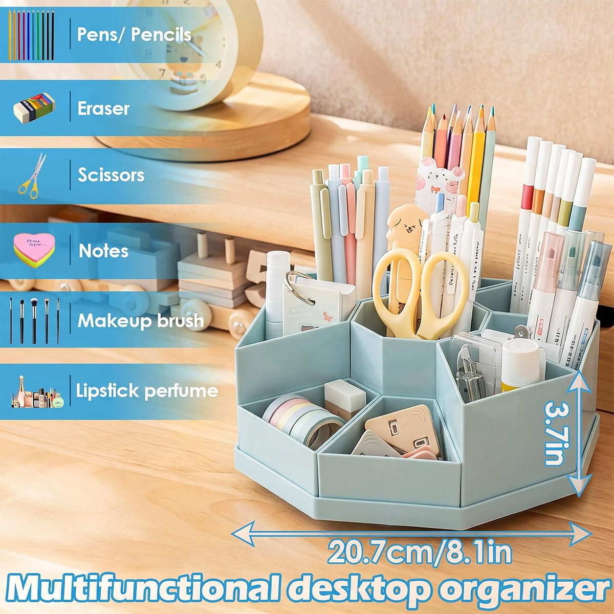 360 Degree Rotating Desk Organizer Caddy with 9 Compartments, Large Capacity Detachable Pencil Holder for Desk, Multifunctional Desktop Storage for Office, School, Home, Dressing Table, White