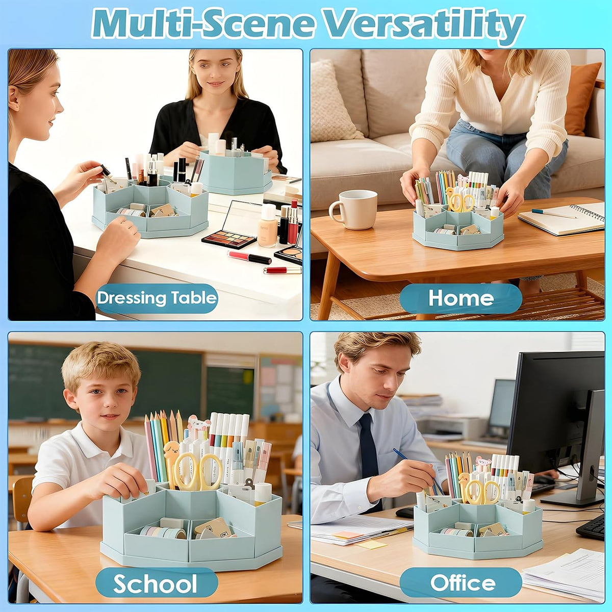 360 Degree Rotating Desk Organizer Caddy with 9 Compartments, Large Capacity Detachable Pencil Holder for Desk, Multifunctional Desktop Storage for Office, School, Home, Dressing Table, White