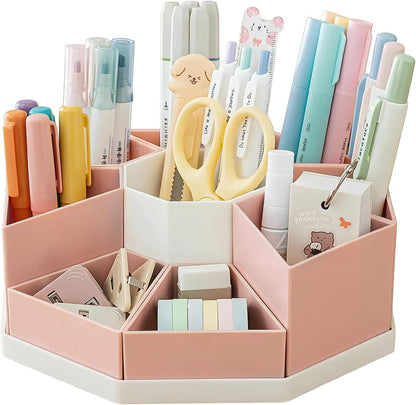 360 Degree Rotating Desk Organizer Caddy with 9 Compartments, Large Capacity Detachable Pencil Holder for Desk, Multifunctional Desktop Storage for Office, School, Home, Dressing Table, White