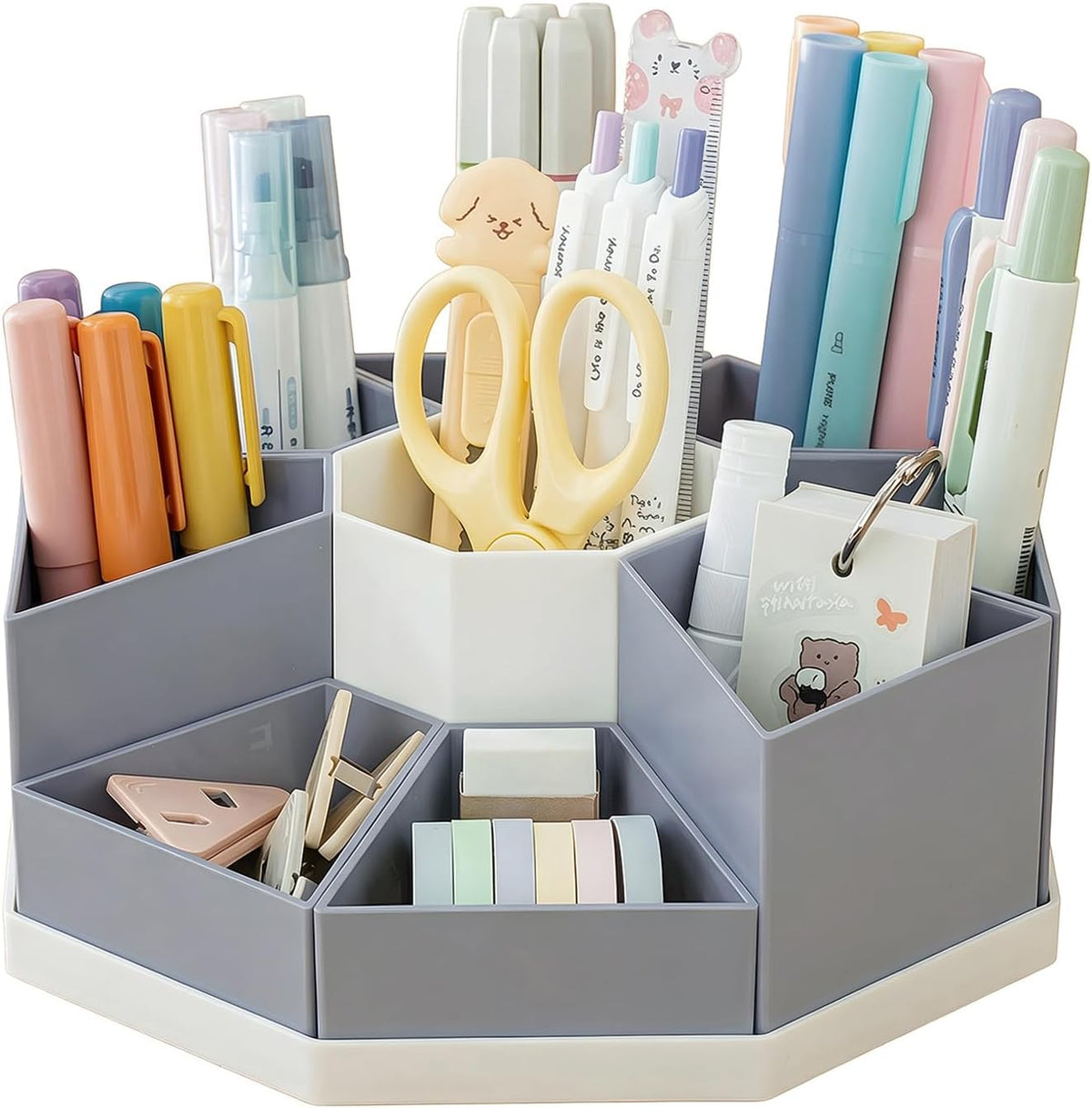 360 Degree Rotating Desk Organizer Caddy with 9 Compartments, Large Capacity Detachable Pencil Holder for Desk, Multifunctional Desktop Storage for Office, School, Home, Dressing Table, White