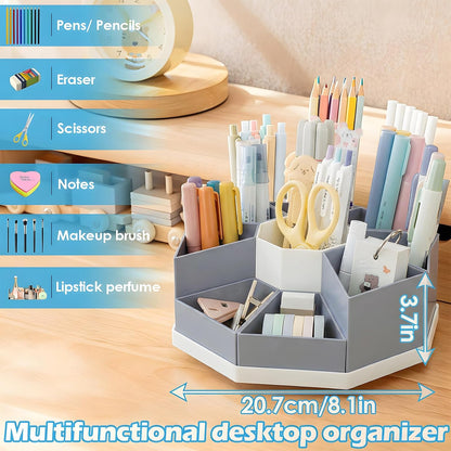 360 Degree Rotating Desk Organizer Caddy with 9 Compartments, Large Capacity Detachable Pencil Holder for Desk, Multifunctional Desktop Storage for Office, School, Home, Dressing Table, White
