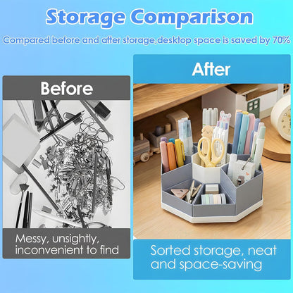 360 Degree Rotating Desk Organizer Caddy with 9 Compartments, Large Capacity Detachable Pencil Holder for Desk, Multifunctional Desktop Storage for Office, School, Home, Dressing Table, White