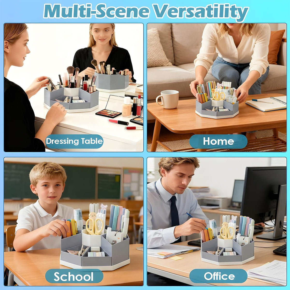 360 Degree Rotating Desk Organizer Caddy with 9 Compartments, Large Capacity Detachable Pencil Holder for Desk, Multifunctional Desktop Storage for Office, School, Home, Dressing Table, White