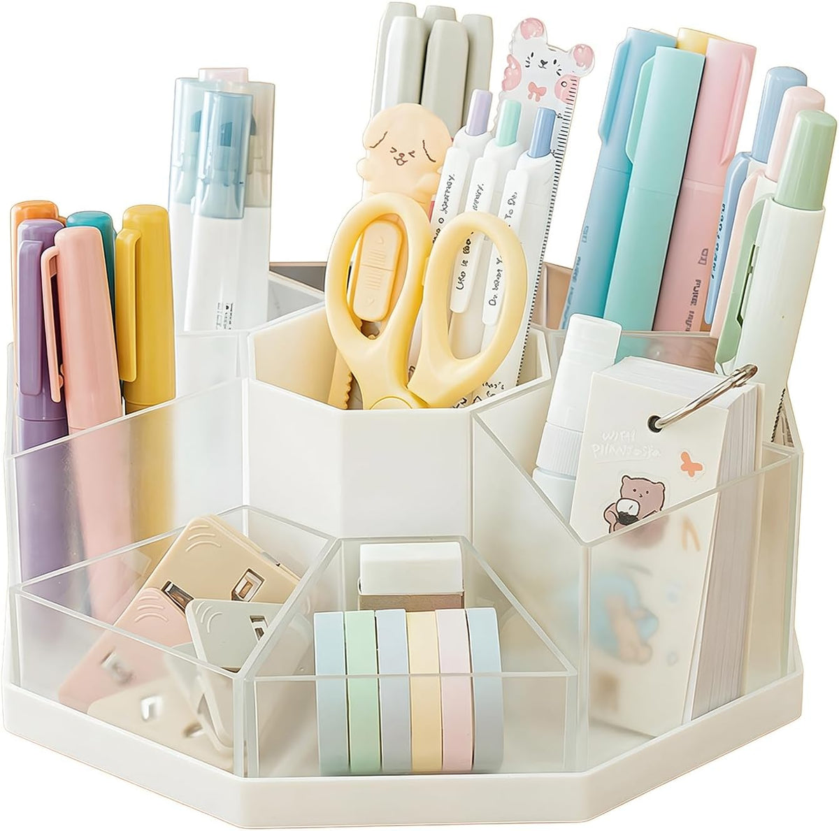 360 Degree Rotating Desk Organizer Caddy with 9 Compartments, Large Capacity Detachable Pencil Holder for Desk, Multifunctional Desktop Storage for Office, School, Home, Dressing Table, White