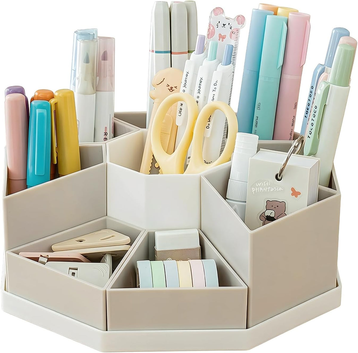 360 Degree Rotating Desk Organizer Caddy with 9 Compartments, Large Capacity Detachable Pencil Holder for Desk, Multifunctional Desktop Storage for Office, School, Home, Dressing Table, White