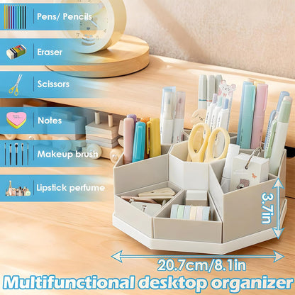 360 Degree Rotating Desk Organizer Caddy with 9 Compartments, Large Capacity Detachable Pencil Holder for Desk, Multifunctional Desktop Storage for Office, School, Home, Dressing Table, White