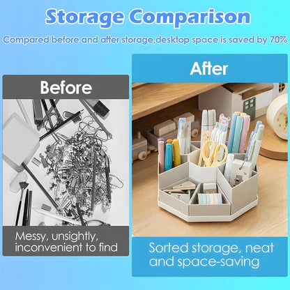 360 Degree Rotating Desk Organizer Caddy with 9 Compartments, Large Capacity Detachable Pencil Holder for Desk, Multifunctional Desktop Storage for Office, School, Home, Dressing Table, White