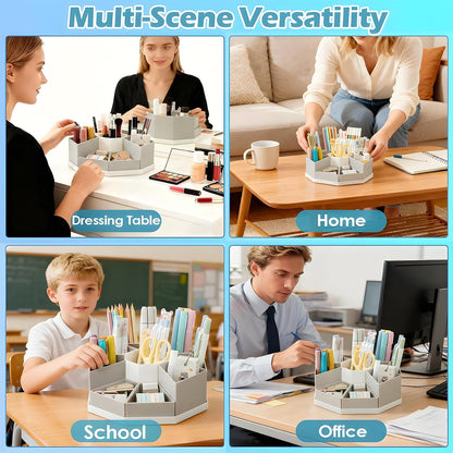 360 Degree Rotating Desk Organizer Caddy with 9 Compartments, Large Capacity Detachable Pencil Holder for Desk, Multifunctional Desktop Storage for Office, School, Home, Dressing Table, White